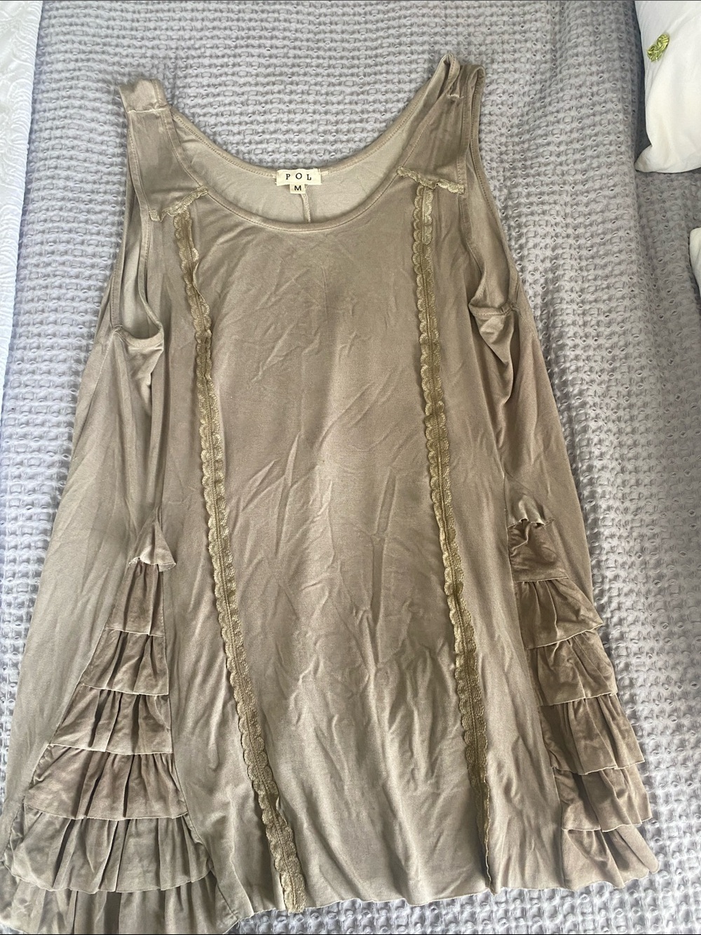 POL Taupe Ruffle-Trim Cold-Shoulder Tunic